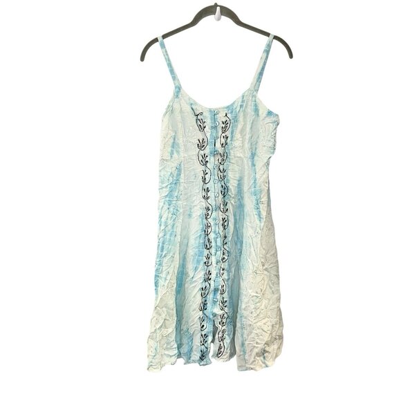 Henna Tie Dye Blue White Boho Button Front Rayon Tie Back Fairy Y2K Dress OS - Picture 1 of 6